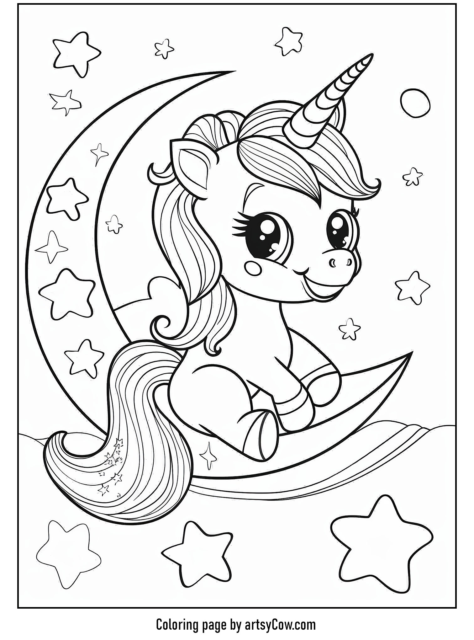 a cheerful unicorn sitting on a crescent moon surrounded by stars